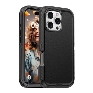 iPhone 16 Pro Rugged Armour Case Cover with 360° Rotation, Belt Clip, and Kickstand - Tough and Shockproof Protection Clip - Black